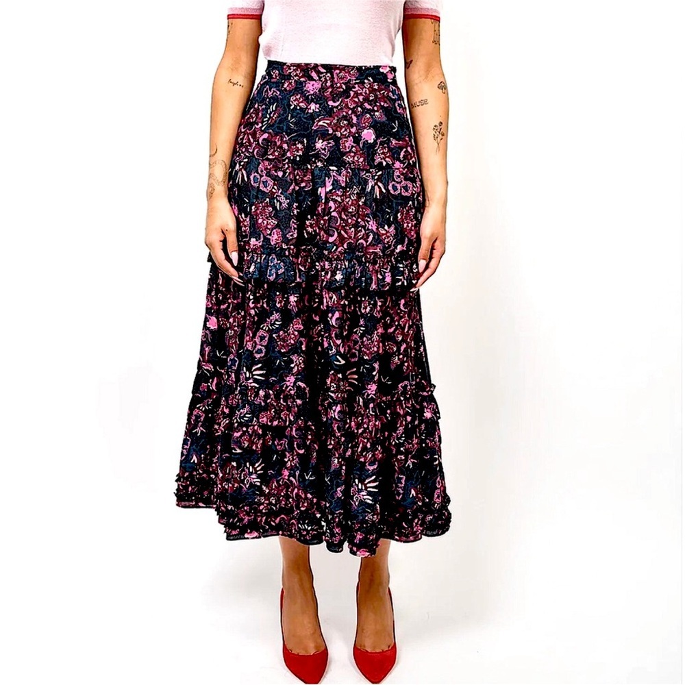 ULLA JOHNSON Amalia Midnight Floral Midi Skirt Tiered Ruffle Pink Navy Size 2